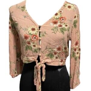 Active USA blouse Large tie front crop bell sleeve floral boho romantic fairy